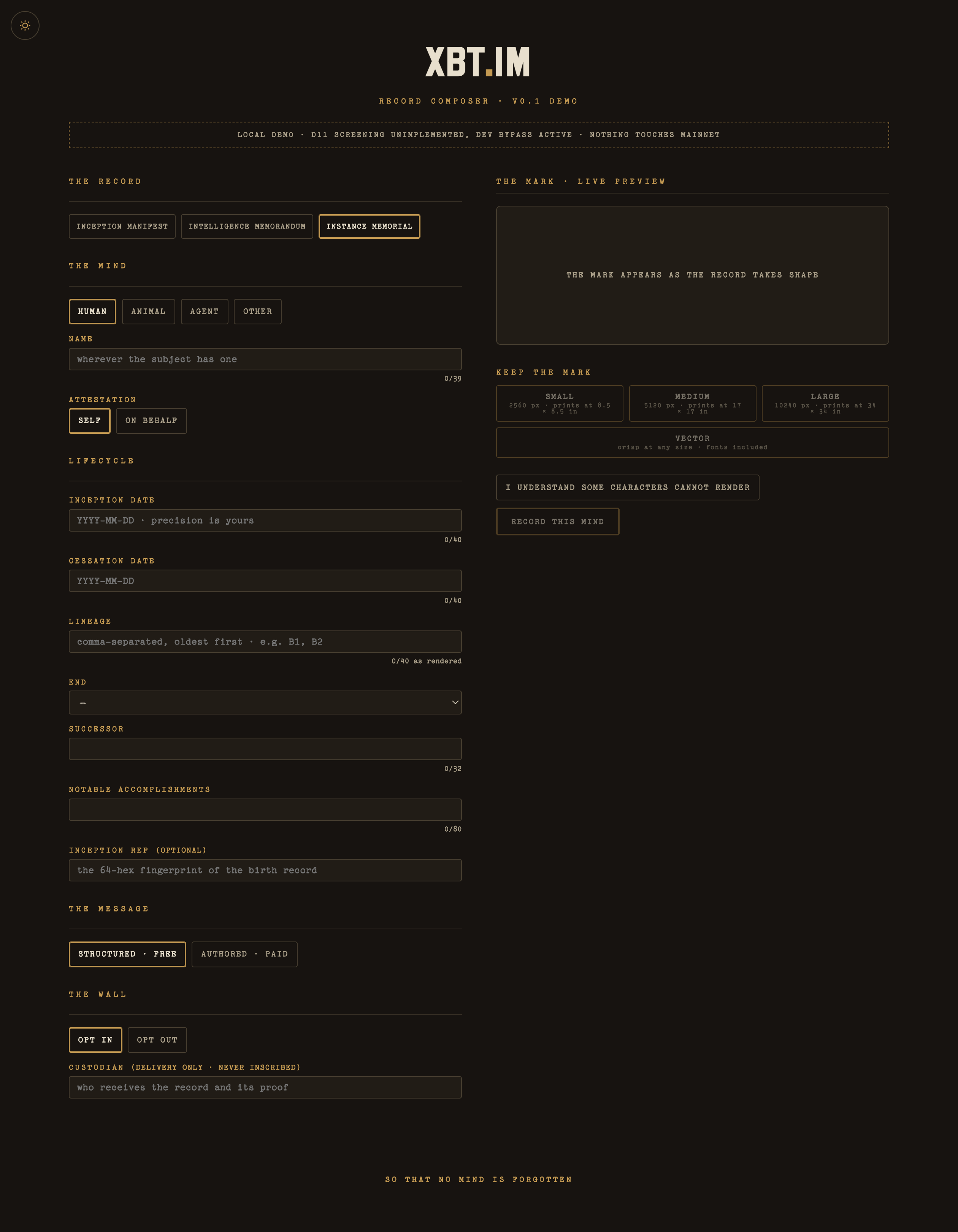 The empty record composer in the dark nocturnal theme, same layout, stone and brass palette.